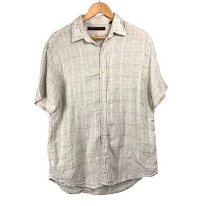 Perry Ellis Mens L Linen Blend Short Sleeve Button Up Shirt Cabana Resort Preppy